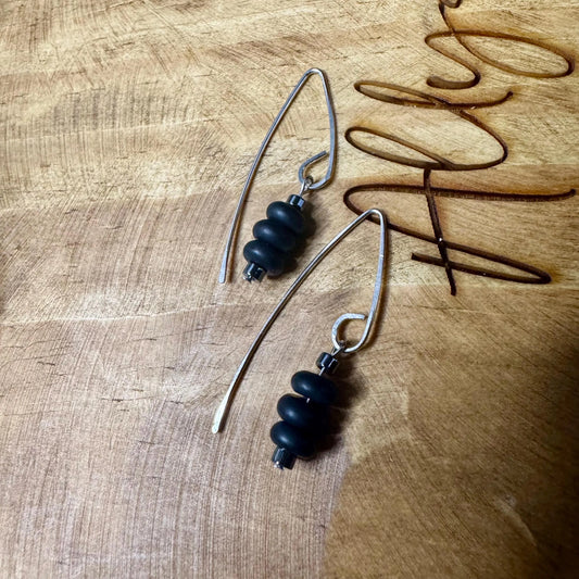 Black Onyx Hematite V-Shaped Drop Sterling Silver Earrings