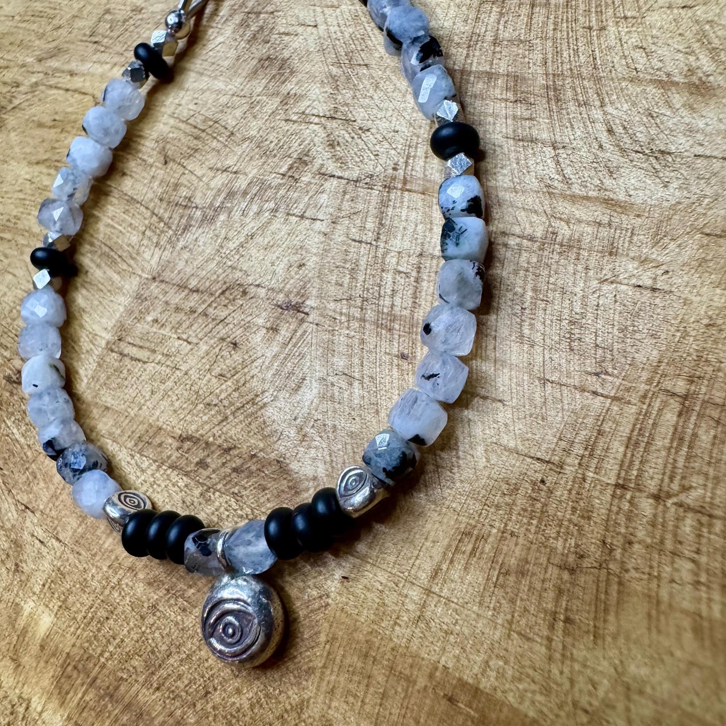 Rainbow Moonstone with Black Tourmaline and Onyx Evil Eye bracelet, Sterling Silver Beaded Gemstone Bracelet, Evil Eye Beaded Charm Bracelet