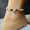 Rainbow Moonstone with Black Tourmaline and Onyx Evil Eye Anklet, Sterling Silver Beaded Gemstone Ankle Bracelet, Evil Eye Charm Anklet