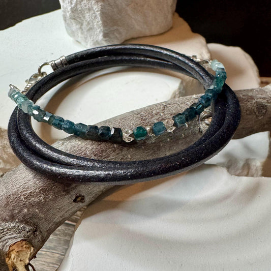 Paraíba Blue Tourmaline Leather Wrap • Black 3mm Leather • Sterling Silver