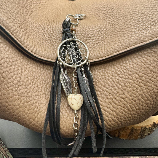 Dream Catcher White Turquoise Leather Purse Tassel, Feather & Cross Charm, Western Accessory, Leather Beaded Handbag Charm Tassel