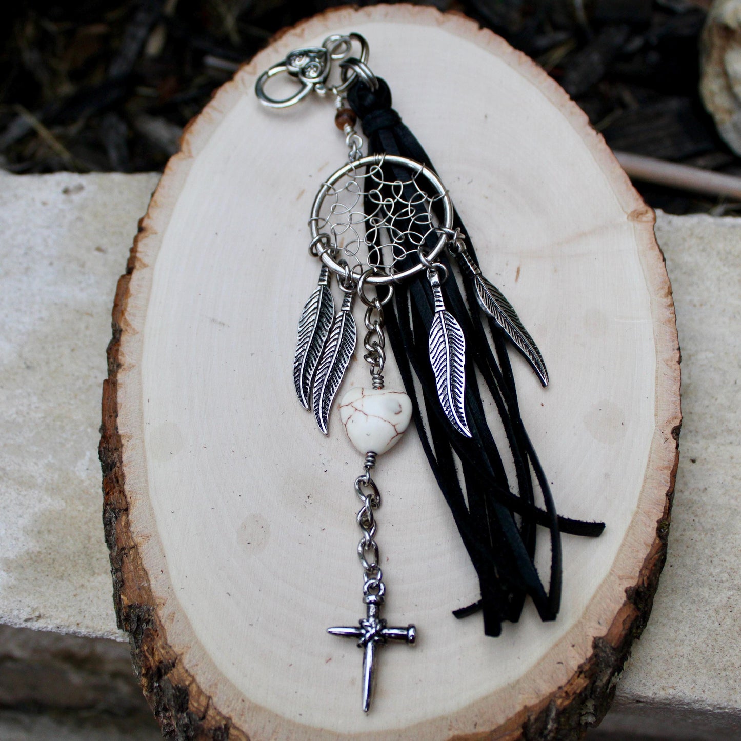 Dream Catcher White Turquoise Leather Purse Tassel, Feather & Cross Charm, Western Accessory, Leather Beaded Handbag Charm Tassel