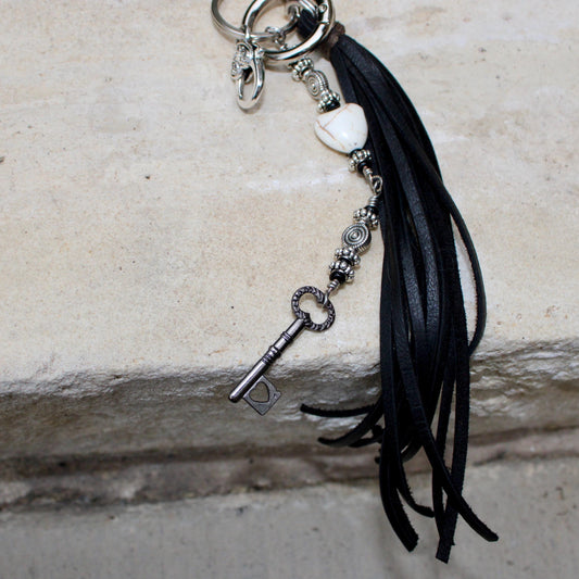 Key Charm Leather Purse Tassel with White Turquoise & Black Onyx, Whimsical Handbag Accessory, Western Accessory