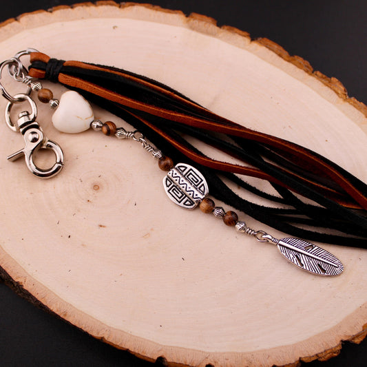 Tribal Oval Charm, White Turquoise Magnesite Heart Leather Purse Tassel, Southwest Purse Tassel, Heart Keychain, Leather Handbag Accessory