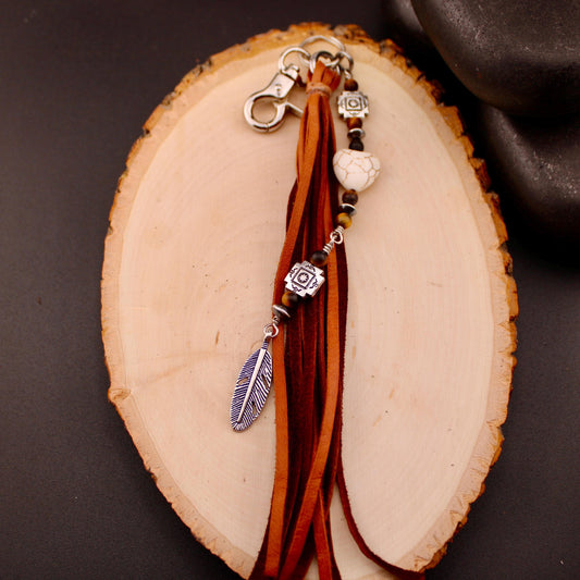 Tribal Cross Charm, White Turquoise Magnesite Heart Leather Purse Tassel, Southwest Purse Tassel, Heart Keychain, Leather Handbag Accessory