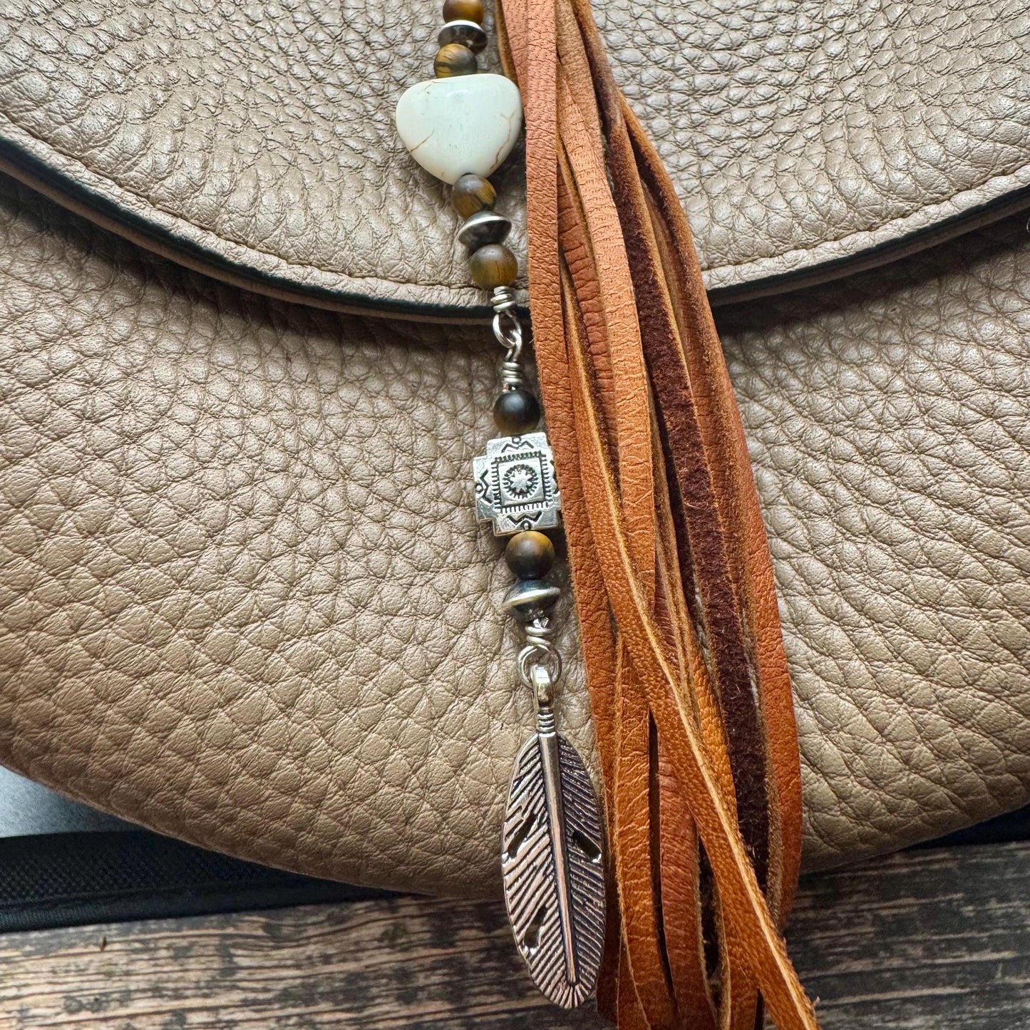 Tribal Cross Charm, White Turquoise Magnesite Heart Leather Purse Tassel, Southwest Purse Tassel, Heart Keychain, Leather Handbag Accessory