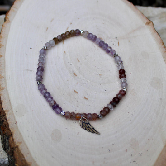 Stretch Auralite 23 Bracelet with Angel Wing Sterling Silver Charm, Cacoxenite Gemstone Bracelet, Rare Beaded Gemstone Bracelet Jewelry