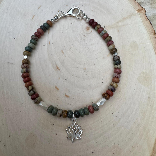 Sterling Silver Red Creek Picasso Jasper Gemstone Bracelet with Lotus Flower Charm, Sterling Silver Beaded Charm Bracelet