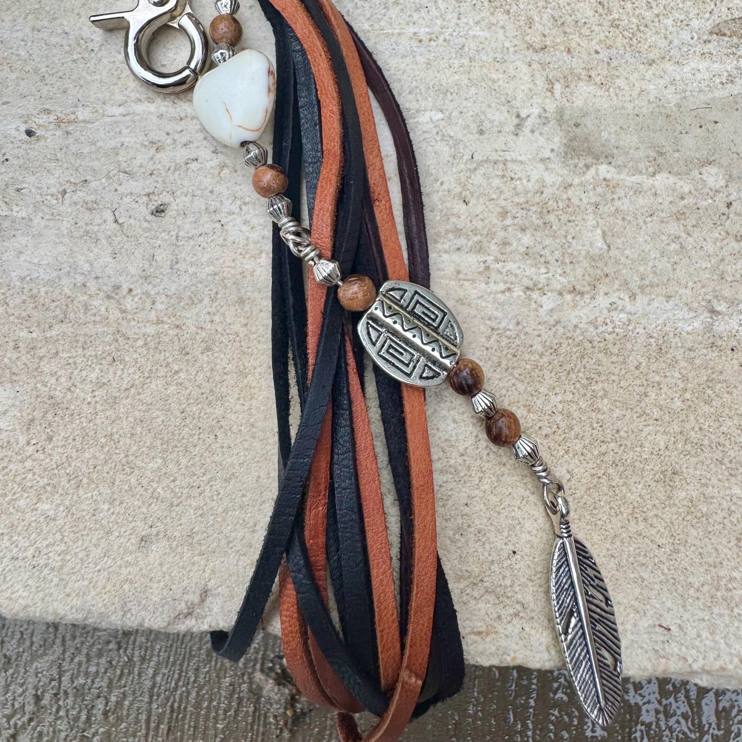 Tribal Oval Charm, White Turquoise Magnesite Heart Leather Purse Tassel, Southwest Purse Tassel, Heart Keychain, Leather Handbag Accessory