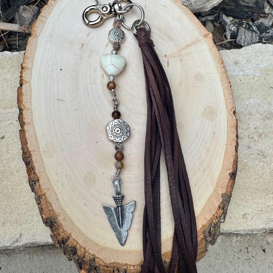 Tribal Sun Charm, White Turquoise Magnesite Heart Leather Purse Tassel, Southwestern Tassel, Heart Keychain, Leather Handbag Accessory