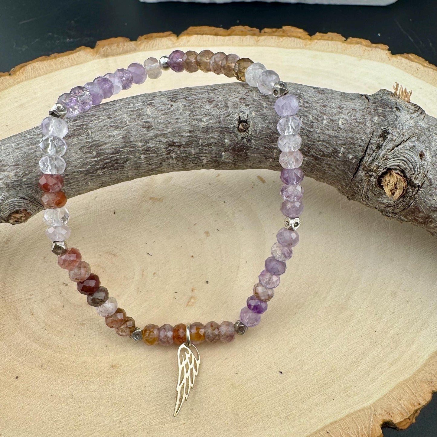 Stretch Auralite 23 Bracelet with Angel Wing Sterling Silver Charm, Cacoxenite Gemstone Bracelet, Rare Beaded Gemstone Bracelet Jewelry