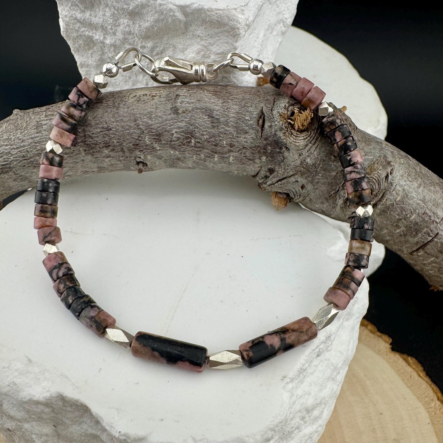 Black Pink Rhodonite and Sterling Silver Bracelet, Gemstone Beaded Bracelet, Handmade Jewelry, Unique Gemstone Bracelet