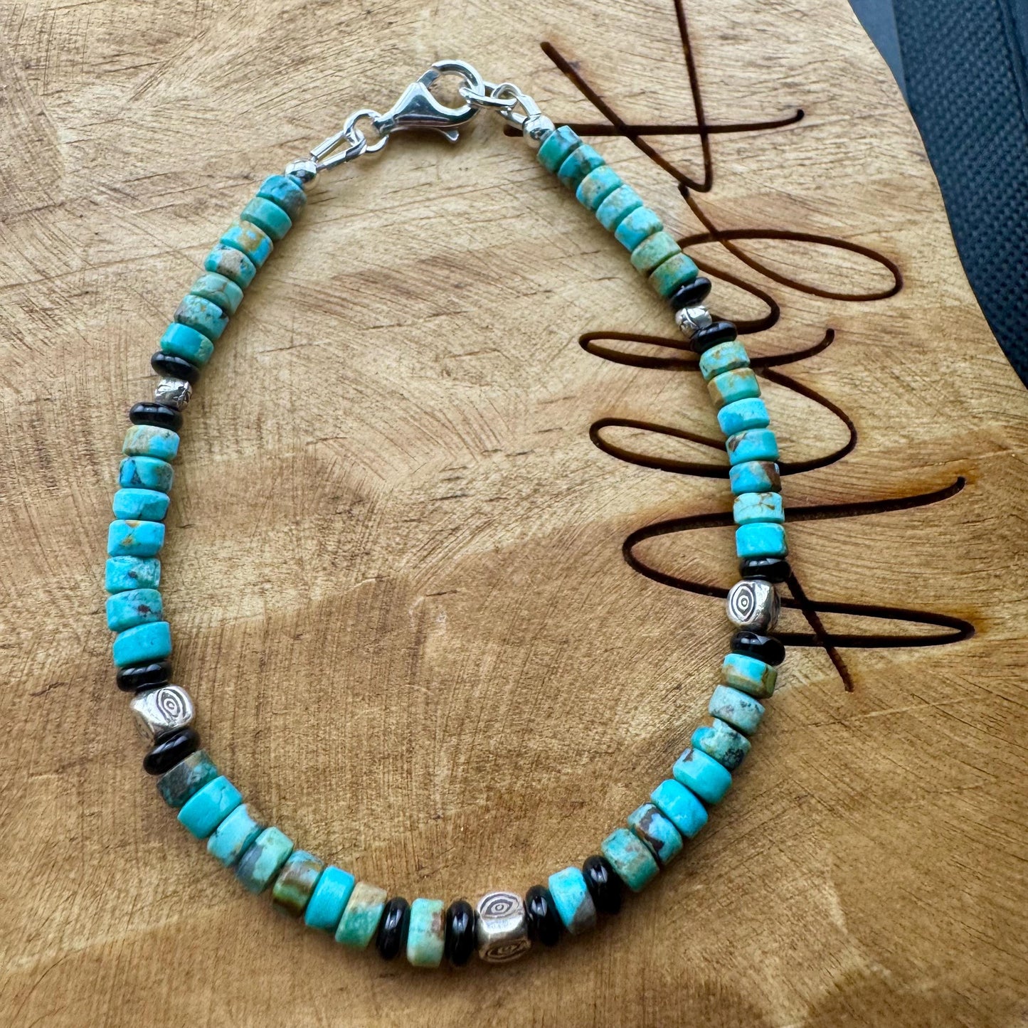 Turquoise and Black Onyx Sterling Silver Bracelet, Evil Eye Beaded Bracelet, Sterling Jewelry, Gemstone Bracelet, Turquoise Jewelry