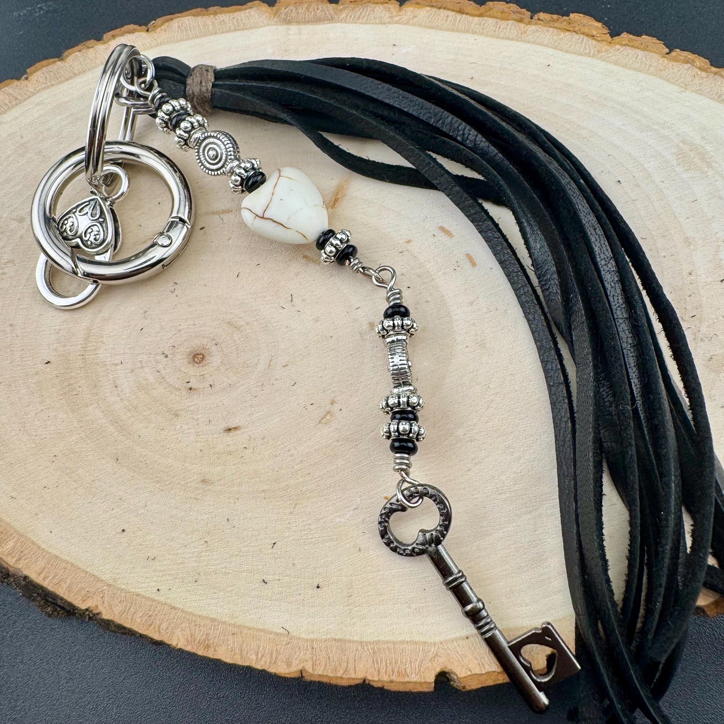 Key Charm Leather Purse Tassel with White Turquoise & Black Onyx, Whimsical Handbag Accessory, Western Accessory