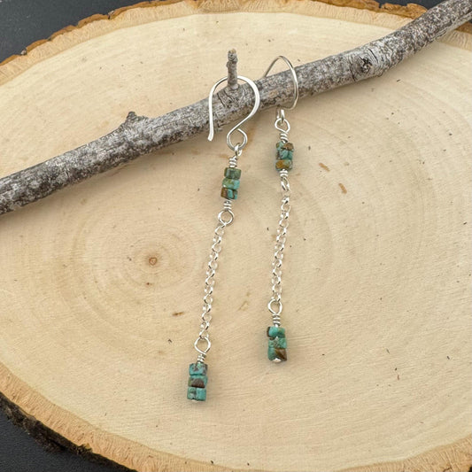Sterling Silver Chain Dangle Earrings, Turquoise Gemstone Earrings, Boho Jewelry, Sterling Silver Earrings, Gift for Her
