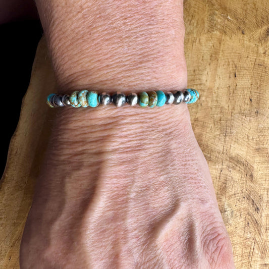 Stretch Kingman Turquoise Navajo Pearl Stretch Bracelet, Natural Gemstone Jewelry, Turquoise Jewelry