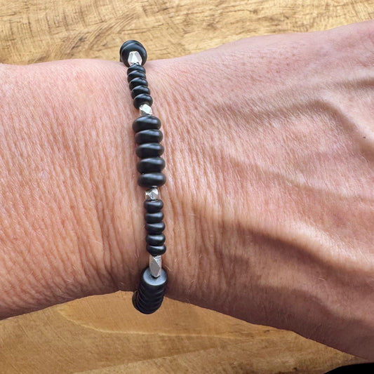 Stretch Onyx Bracelet with Sterling Silver, Stretch Bracelet, Natural Gemstone Jewelry, Handmade Bracelet