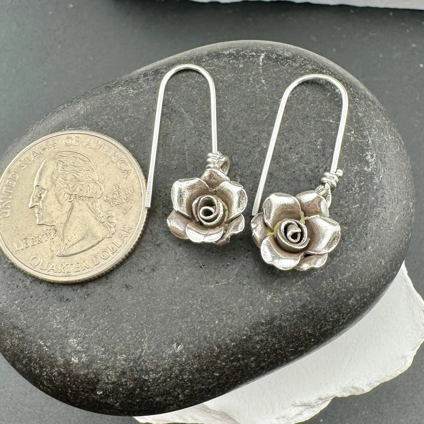 Sterling Silver Rose Earrings • 10mm Floral Charms • Hand‑Forged Ear Wires