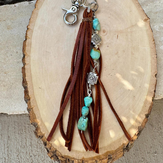 Tribal Cross Charm Purse Tassel, Raw Turquoise Pebble Stone Purse Tassel, Southwestern Turquoise Tassel, Leather Handbag Accessory