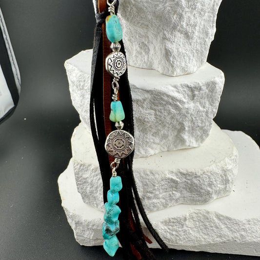 Tribal Sun Charm, Raw Turquoise Pebble Stone Purse Tassel, Southwestern Tassel, Turquoise Keychain, Leather Handbag Accessory
