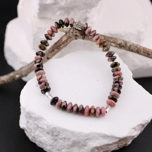 Pink Rhodonite Bracelet • 6mm Thin Rondelles • Sterling Silver Stretch Wrap