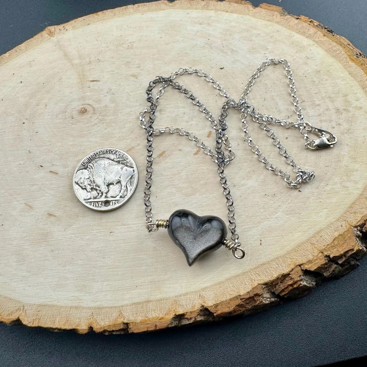 Obsidian Puffy Heart Gemstone Necklace: Sterling Silver Rolo Chain