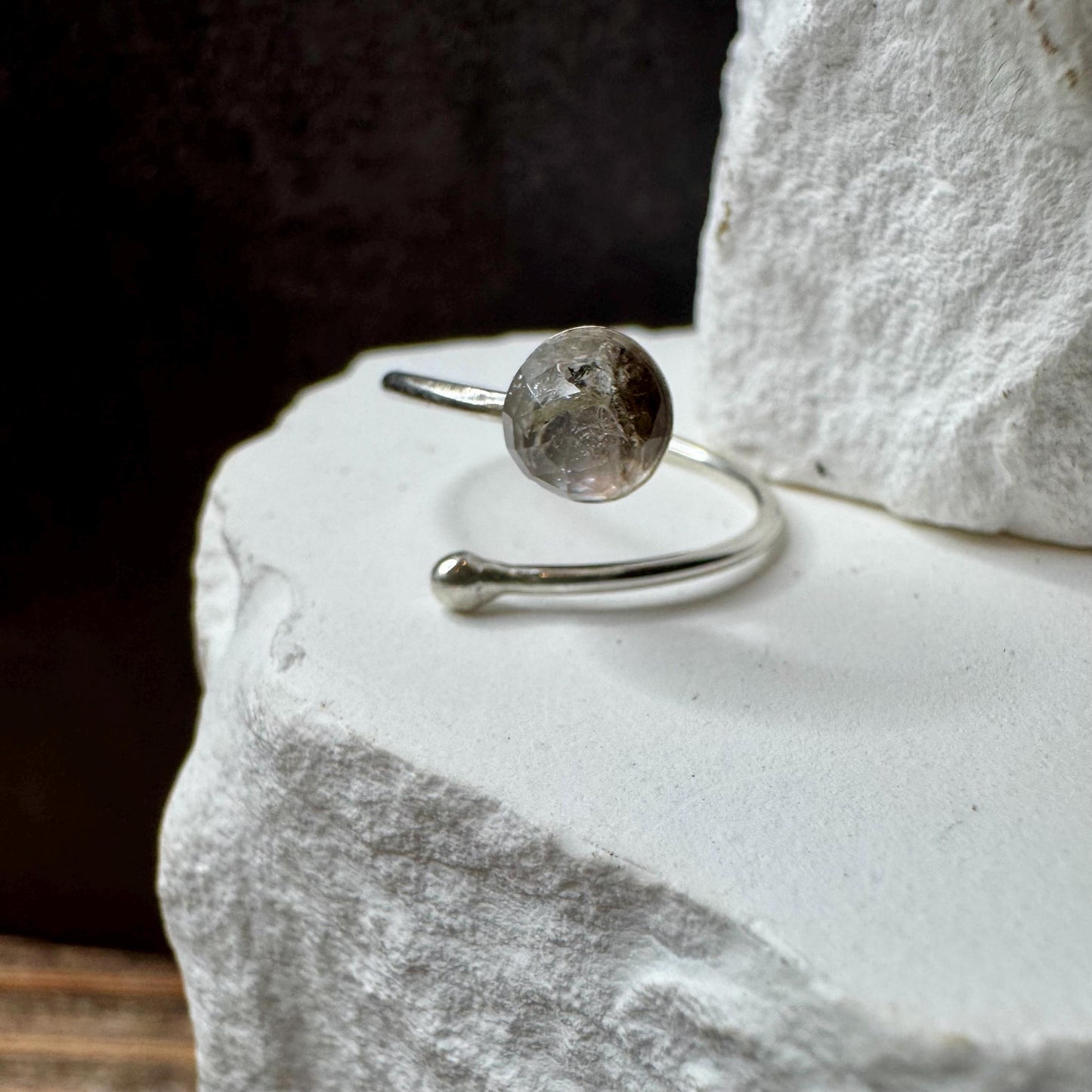 Sterling Silver Open Bezel Black Herkimer Diamond Gemstone Ring, Adjustable Accent Ring, Gemstone Jewelry, Gift for her, Elegant Accessory