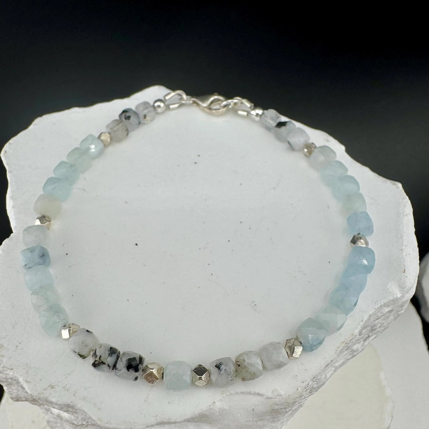 Aquamarine Lapis Moonstone & Black Tourmaline Sterling Silver Bracelet – Protection and New Beginnings Jewelry