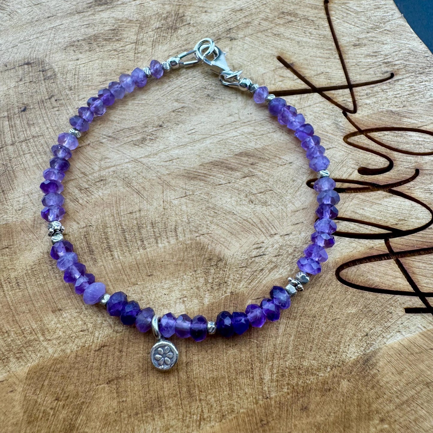 Purple Amethyst Sterling Silver Bracelet – Flower Charm | Dainty Elegant Gemstone Jewelry