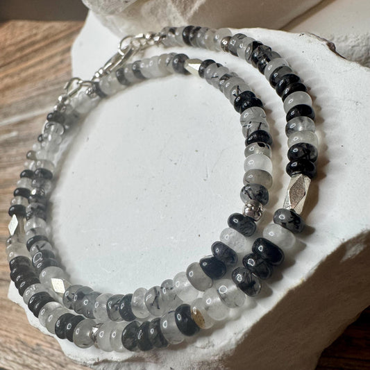 Black Tourmaline Rutilated Quartz Double Wrap Bracelet, Unique Sterling Silver Gemstone Bracelet, Tourmaline Bracelet, Gift Idea