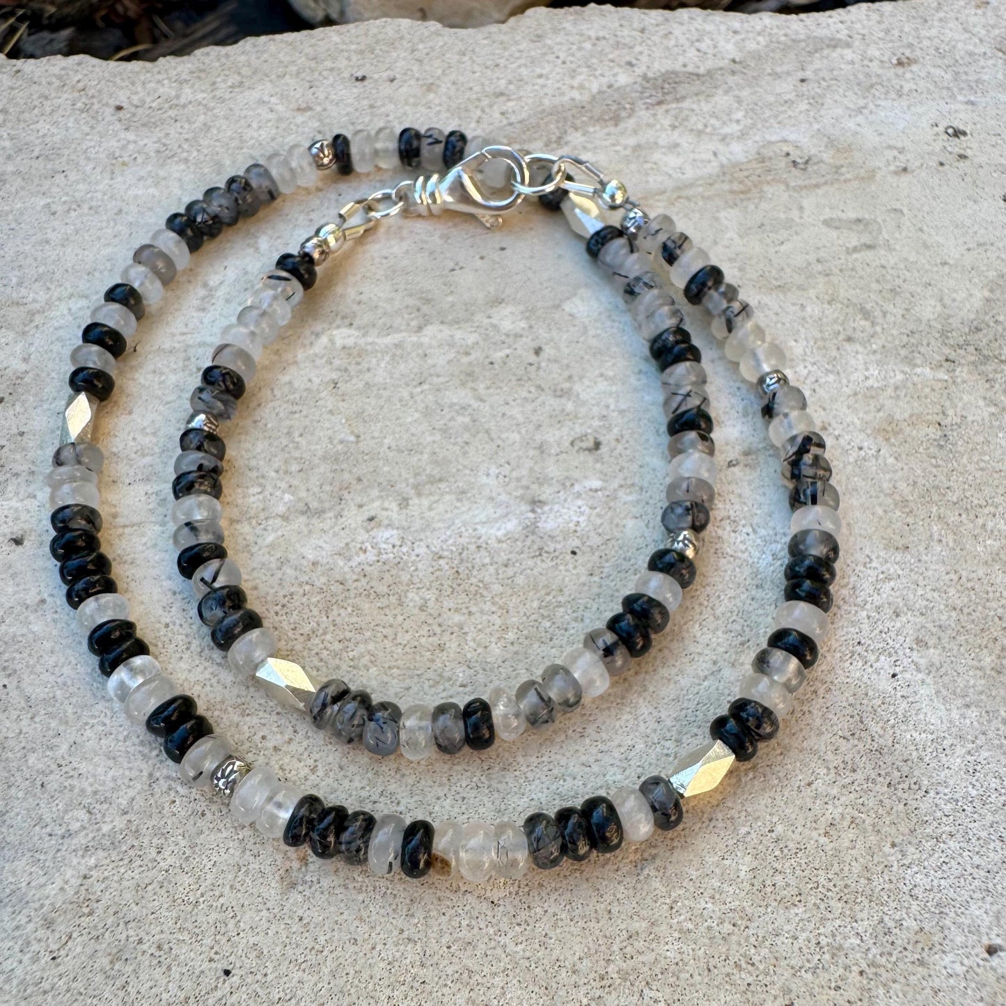 Black Tourmaline Rutilated Quartz Double Wrap Bracelet, Unique Sterling Silver Gemstone Bracelet, Tourmaline Bracelet, Gift Idea