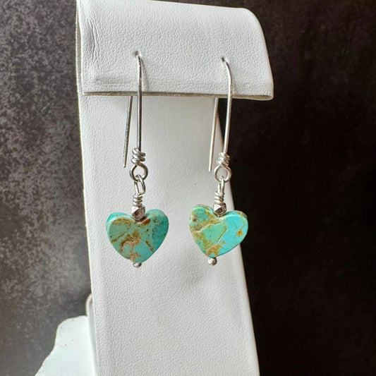 Kingman Turquoise Heart Earrings – Sterling Silver, 10mm Gemstones, Handmade Southwest Jewelry