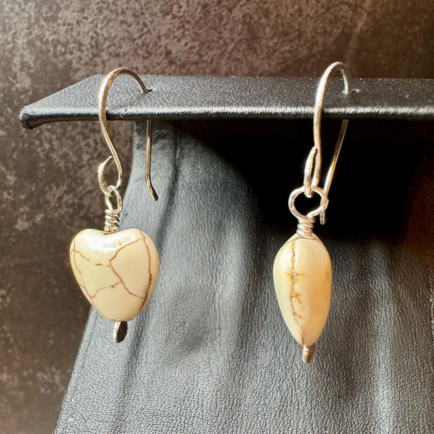 White Turquoise Howlite Heart Earrings, Gemstone Earrings, Turquoise Earrings, Sterling Silver Earrings, White Turquoise Gift