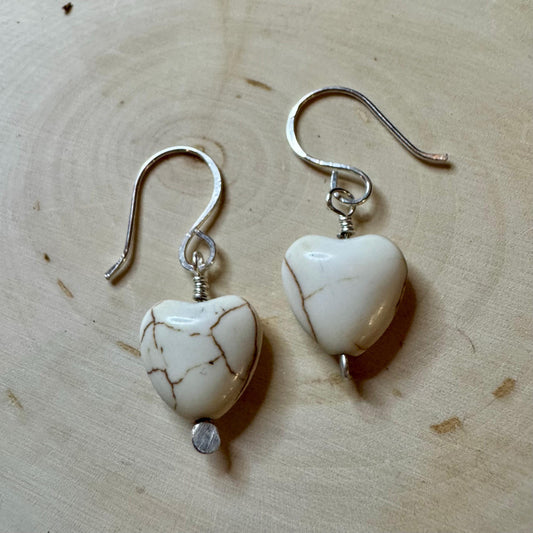 White Turquoise Howlite Heart Earrings, Gemstone Earrings, Turquoise Earrings, Sterling Silver Earrings, White Turquoise Gift