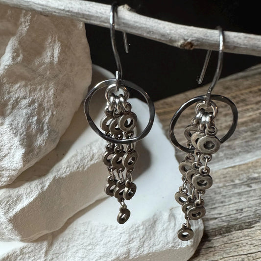 Sterling Silver Chain Earrings with Circle Accent - Dangle Earring Chain Jewelry