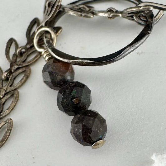 Handmade Australian Black Opal Sterling Silver Chain Circle Earrings