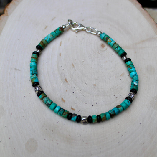 Turquoise and Black Onyx Sterling Silver Bracelet, Evil Eye Beaded Bracelet, Sterling Jewelry, Gemstone Bracelet, Turquoise Jewelry