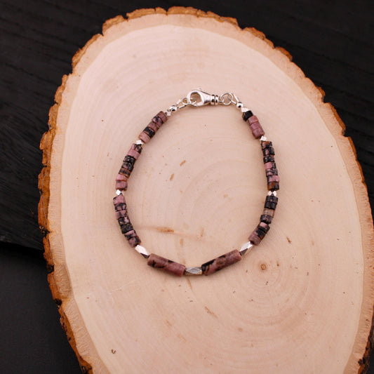 Black Pink Rhodonite and Sterling Silver Bracelet, Gemstone Beaded Bracelet, Handmade Jewelry, Unique Gemstone Bracelet