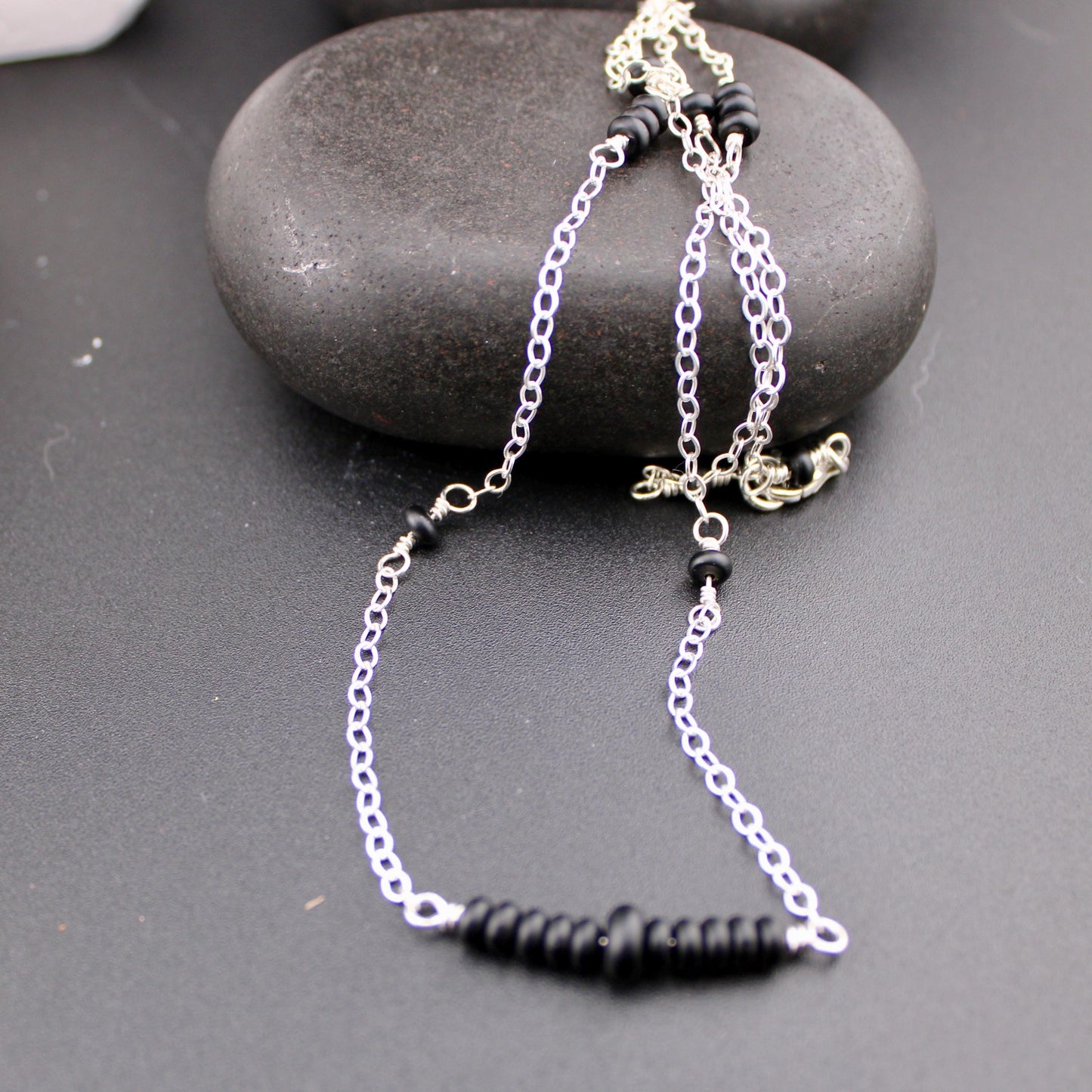 Sterling Silver Cable Chain with Black Onyx Bar Gemstone Spacer Necklace, Onyx Jewelry, Unique Gemstone Beaded Chain Necklace