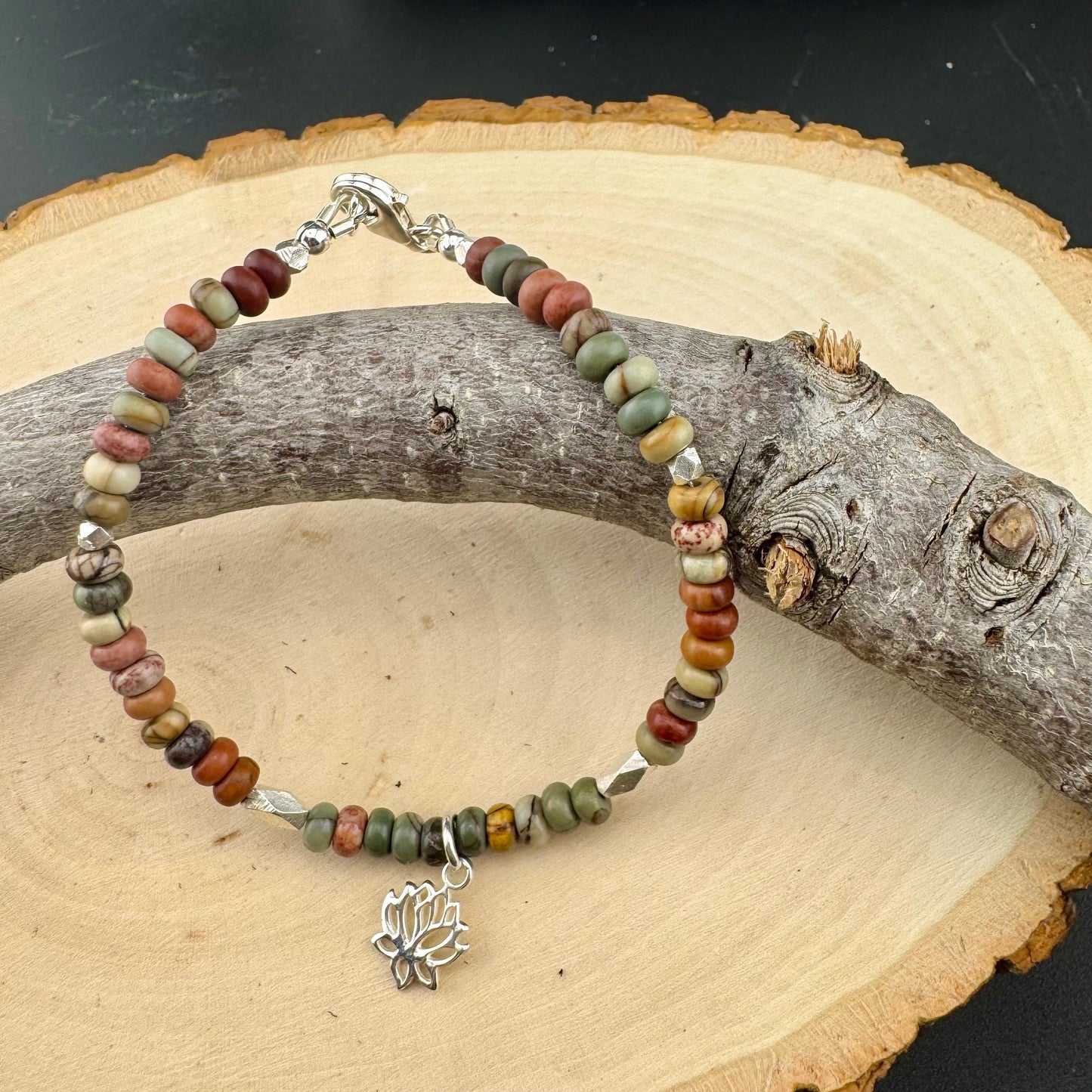 Sterling Silver Red Creek Picasso Jasper Gemstone Bracelet with Lotus Flower Charm, Sterling Silver Beaded Charm Bracelet