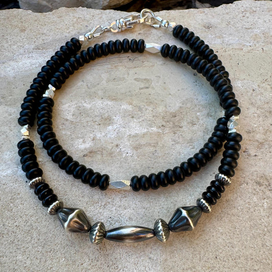 Black Onyx Navajo Pearl Double Wrap Bracelet, Sterling Silver Bracelet, Southwest Jewelry, Western Jewelry, Layered Bracelet