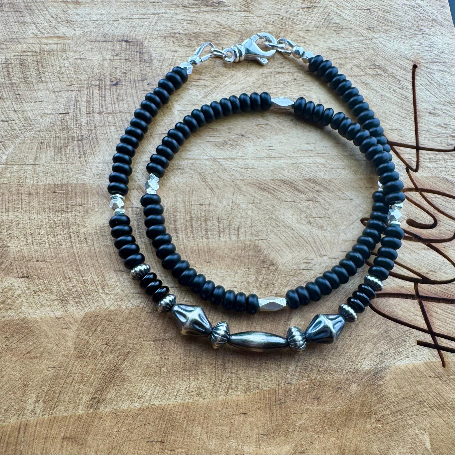 Black Onyx Navajo Pearl Double Wrap Bracelet, Sterling Silver Bracelet, Southwest Jewelry, Western Jewelry, Layered Bracelet