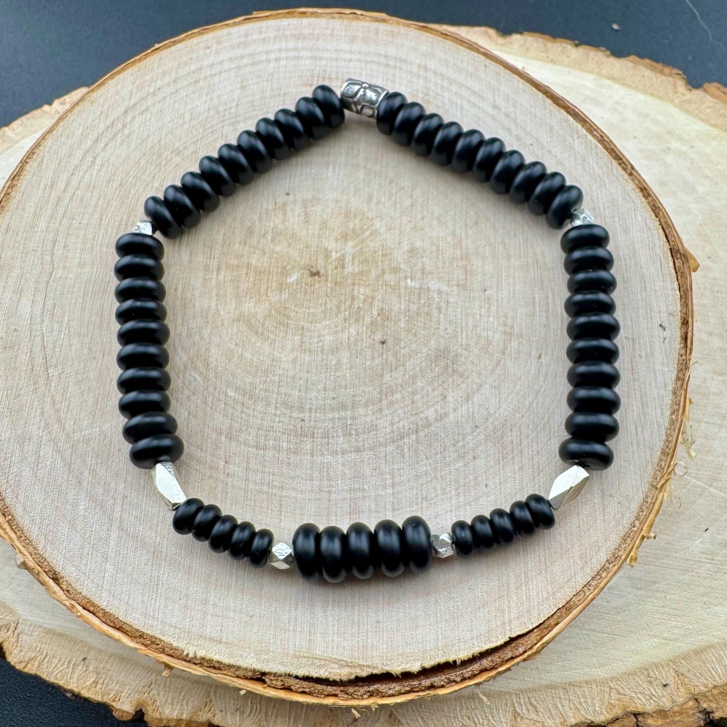 Stretch Onyx Bracelet with Sterling Silver, Stretch Bracelet, Natural Gemstone Jewelry, Handmade Bracelet