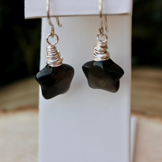 Sterling Silver Star Dangle Earrings with Obsidian, Handcrafted Jewelry