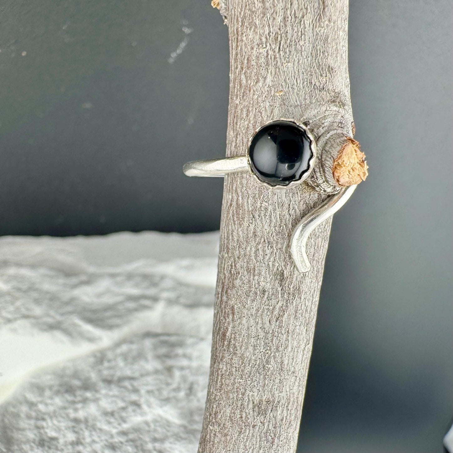 Sterling Silver Open Serrated Bezel Swist Black Onyx Gemstone Ring, Handmade Adjustable Accent Ring, Onyx Jewelry