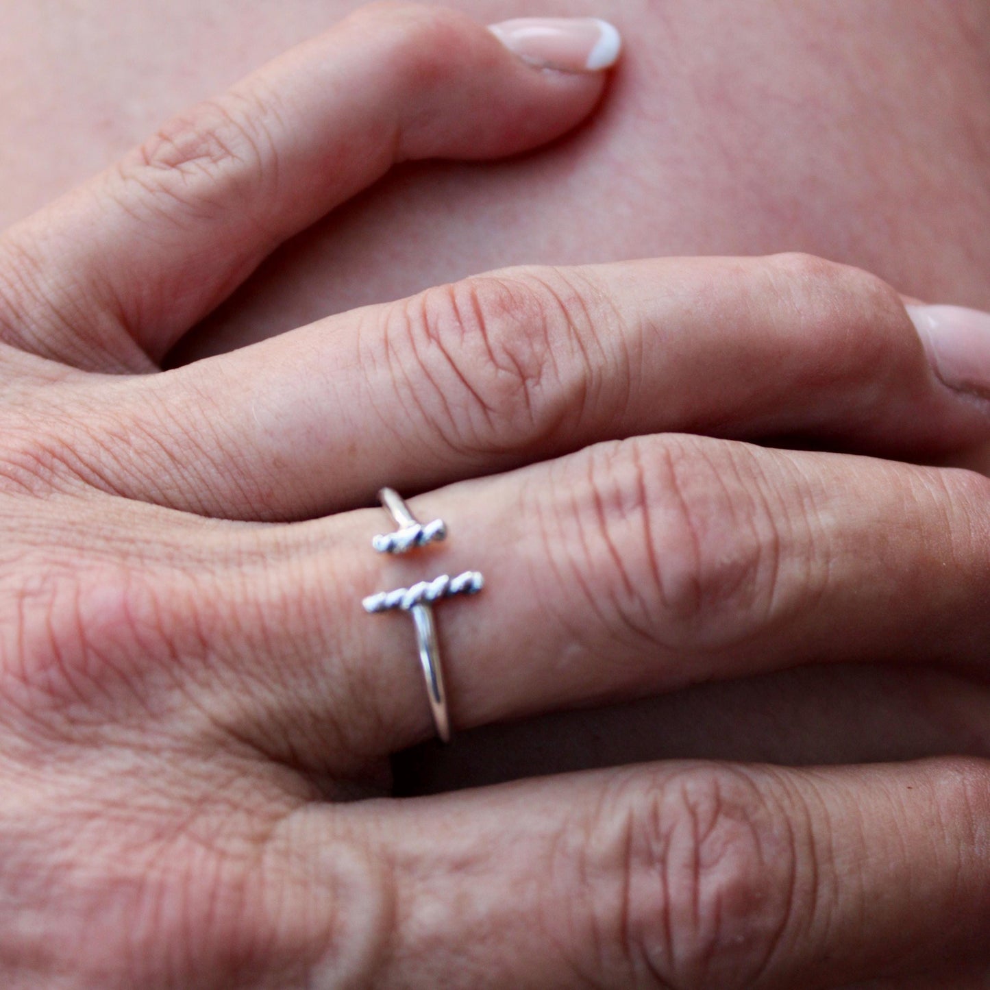 Modern Uneven Rope Vertical Bar Sterling Silver Ring - Handmade Geometric Open Band, Adjustable Ring