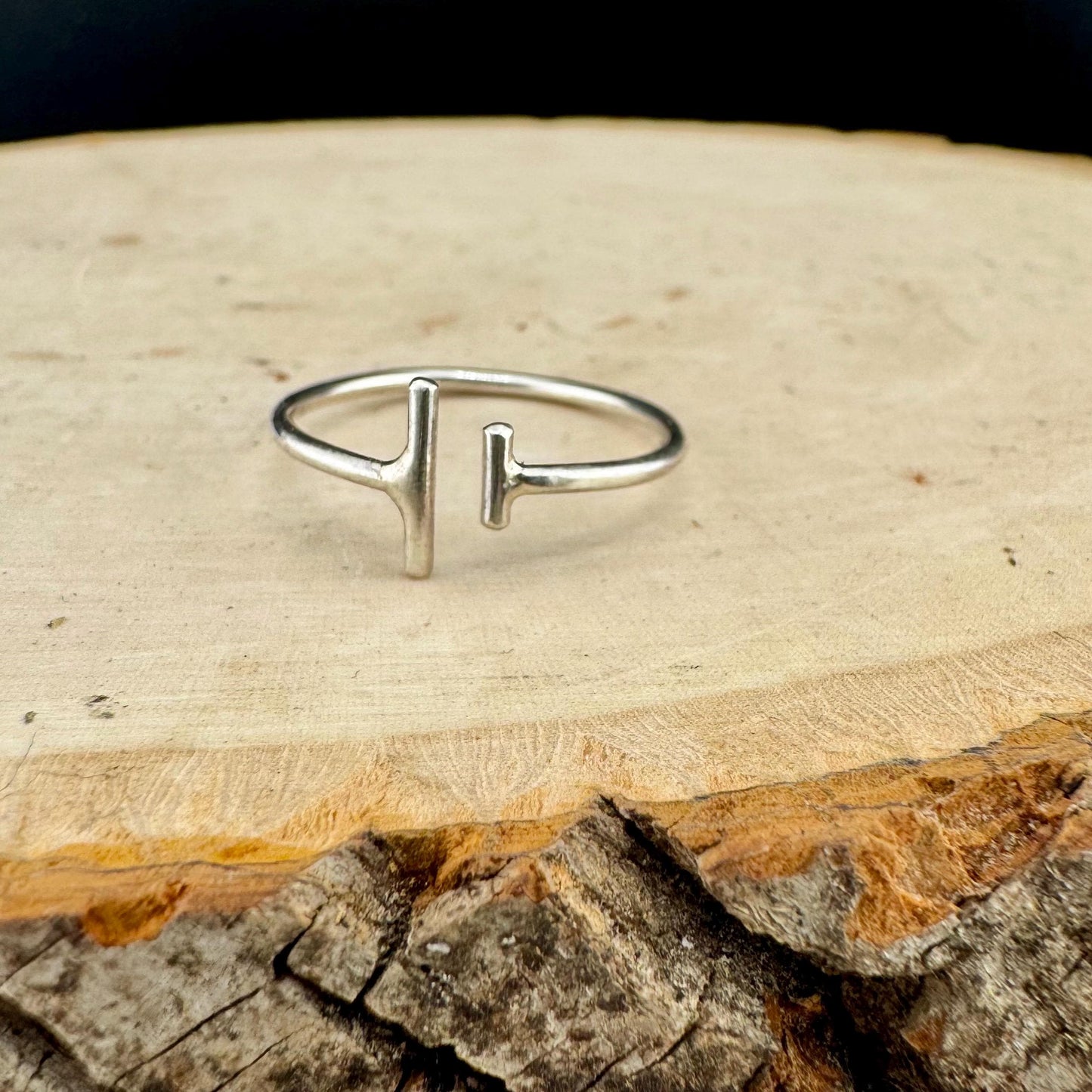 Uneven Vertical Bars Sterling Silver Ring - Handmade Geometric Open Band, Adjustable Ring