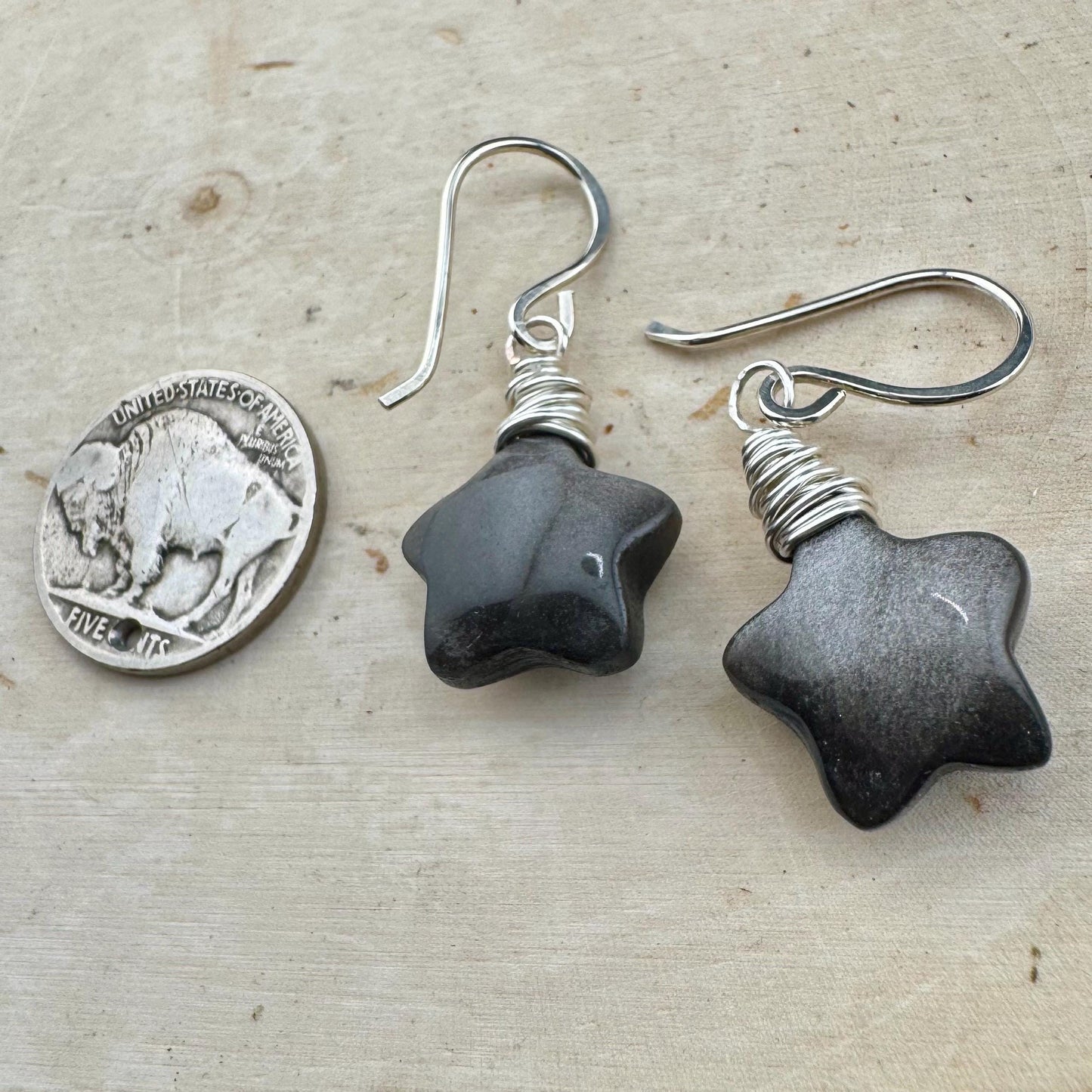 Sterling Silver Star Dangle Earrings with Obsidian, Handcrafted Jewelry