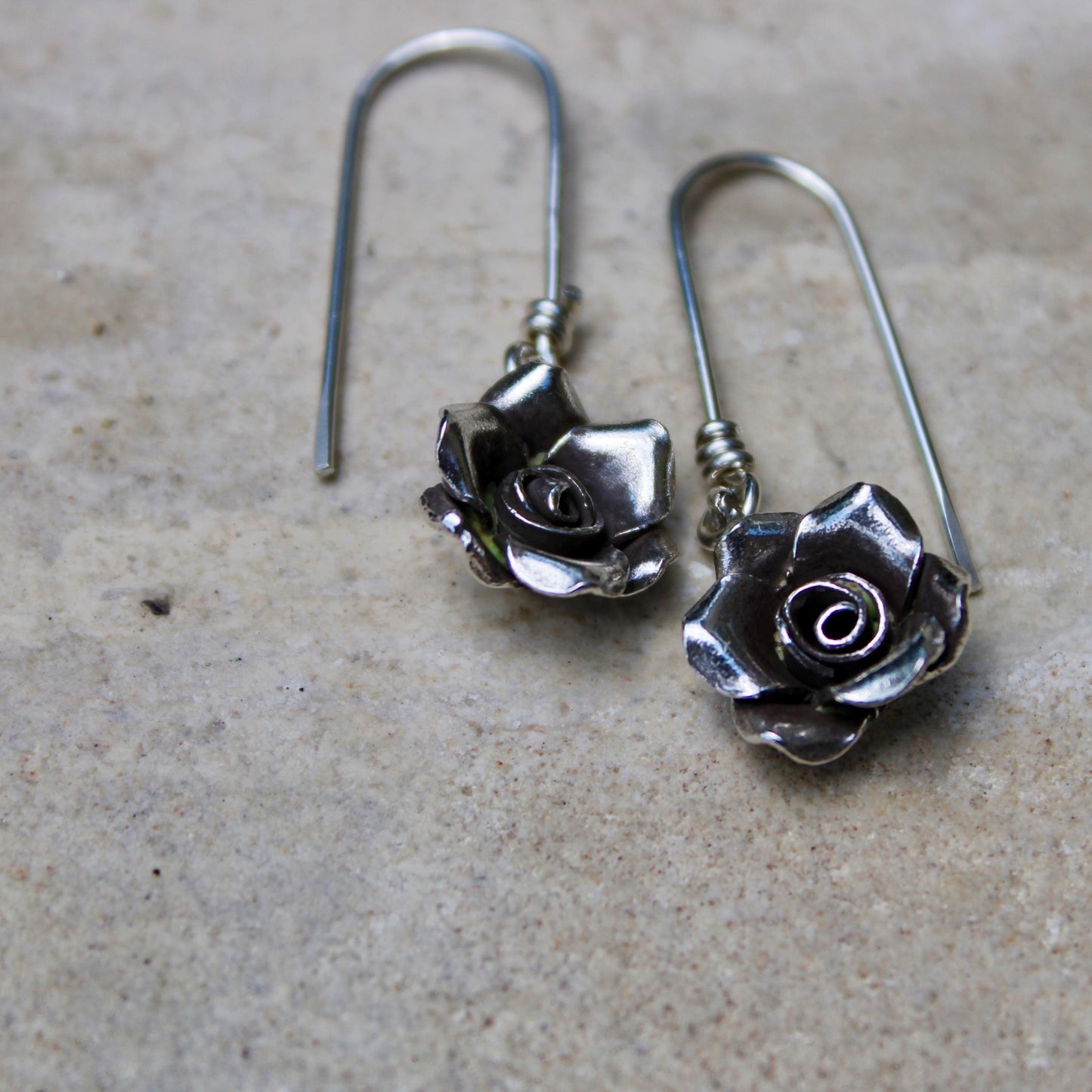 Sterling Silver Rose Charm Dangle Earrings, Star Drop Earrings, Silver Rose Earrings, Flower Jewelry
