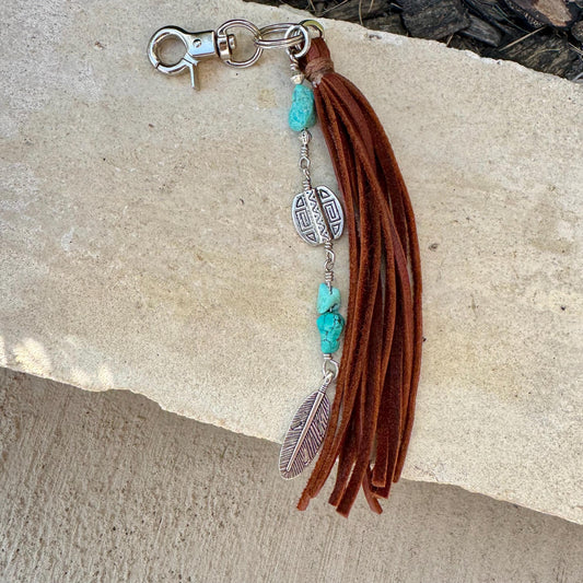 Tribal Oval Charm, Raw Turquoise Pebble Stone Purse Tassel, Southwestern Tassel, Turquoise Keychain, Leather Handbag Accessory
